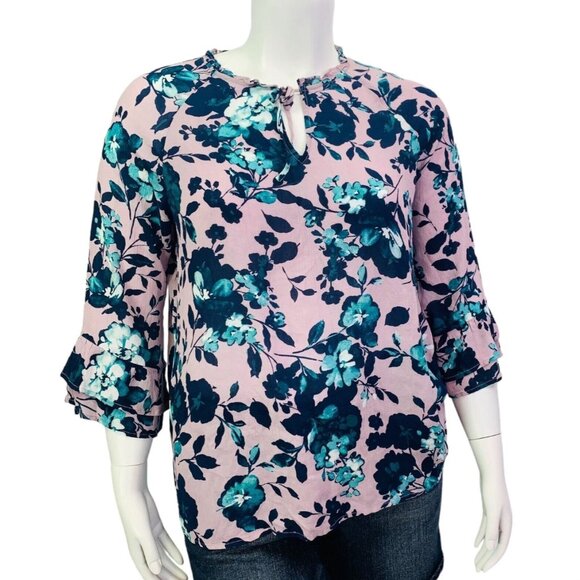 J. Jill Womens Blouse Mauve Beautiful Blooms Top Bell Sleeve Rayon Size L - Picture 2 of 12